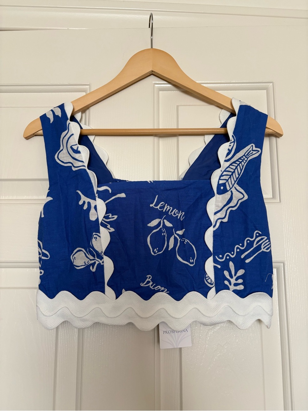 Prosperina Mia Royal Blue Mojito Print Lemon Scallop Crop Top✨🍋Sz Small NEW NWT